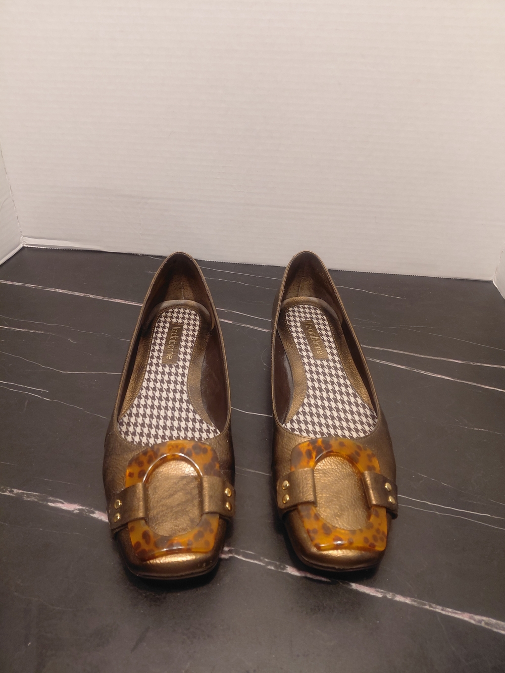 Liz Claiborne Metallic Brown Flats with Tortoiseshell Buckle